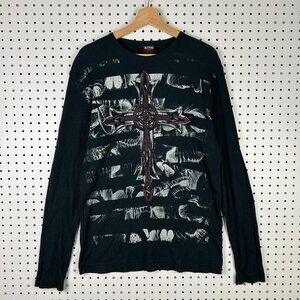 MMA Elite Thermal Long Sleeve Large Y2K T Shirt Grunge Skater Black Gothic Cross